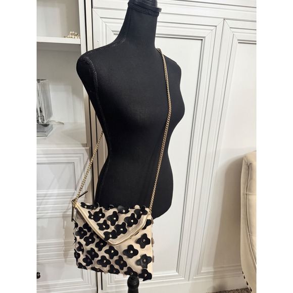 Henri Bendel Black Floral Studded Cream Leather Chain Shoulder Bag - Picture 2 of 10